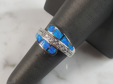 Womens Estate Sterling Silver Modernist Blue Opal & CZ Ring
