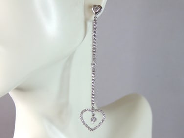 Womens Vintage Estate Sterling Silver CZ Dangle Heart Earrings