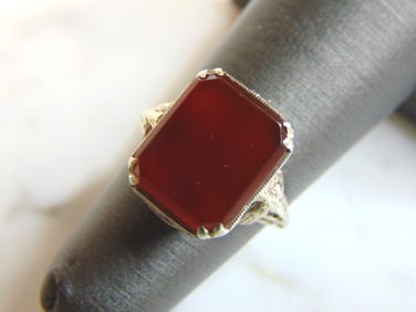 Womens Vintage Estate 10K White Gold Agate Ring