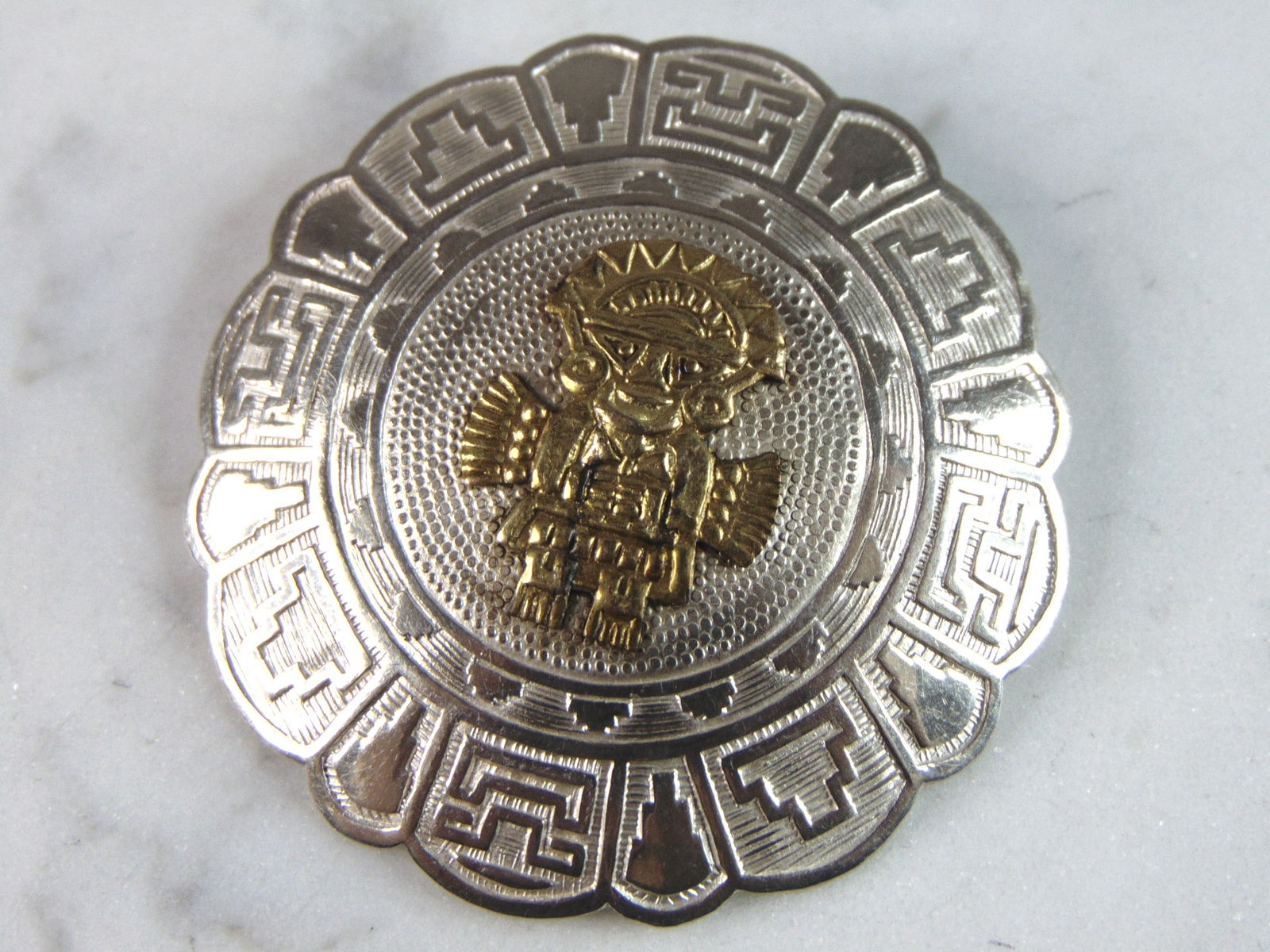 Womens Vintage Estate Sterling Silver & 18k Gold Mayan Inca Brooch (1 of 3)