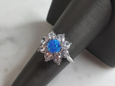 Womens Estate Sterling Silver Modernist Blue Opal Floral Ring