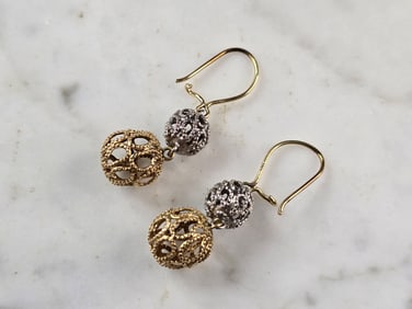 Pr of Womens Vintage Estate 14K Yellow & White Gold Dangle Earrings