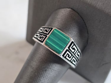 Mens Estate Sterling Silver Modernist Malachite Ring