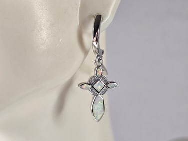 Womens Estate Sterling Silver Opal Cross Earrings