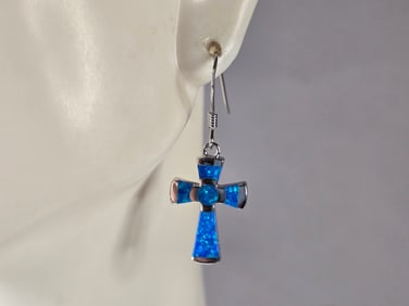 Womens Estate Sterling Silver Blue Opal Cross Earrings