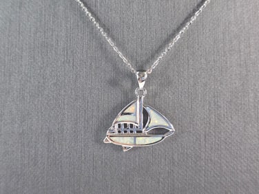 Womens Sterling Silver Opal Sailboat Pendant Necklace