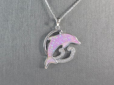 Womens Sterling Silver Pink Opal Dolphin Pendant Necklace