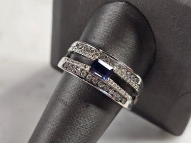 Womens Art Deco 14K White Gold Band Blue Sapphire & Diamond Ring