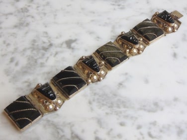 Womens Vintage Estate Sterling Silver Obsidian Bracelet