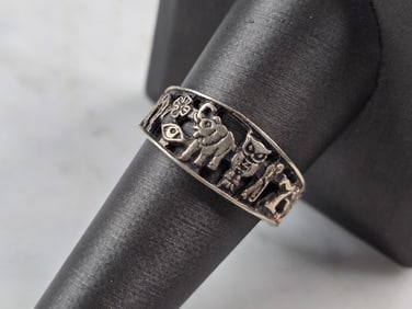 Womens Vintage Sterling Silver Lucky Elephant Horseshoe Clover Ring