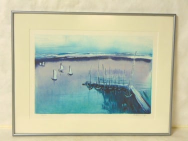LIMITED LITHO BLUE BOATS ISRAELI ARTIST J. KOSSONGI