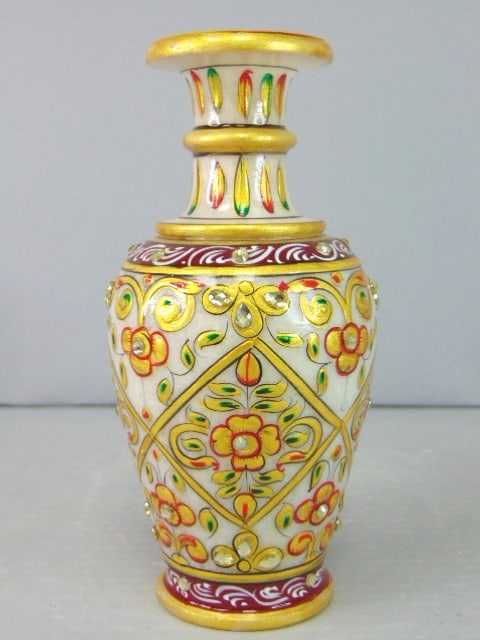 Small Decorative Hand Painted Natural Marble Vase: THIS WONDERFUL SMALL DECORATIVE MARBLE VASE THAT HAS BEEN HOLLOWED OUT FROM A SOLID PIECE OF MARBLE, HAND PAINTED WITH JEWEL TONE COLORS AND GOLD LEAF PAINT, AND THEN ACCENTED WITH SPARKLING DIAMOND C