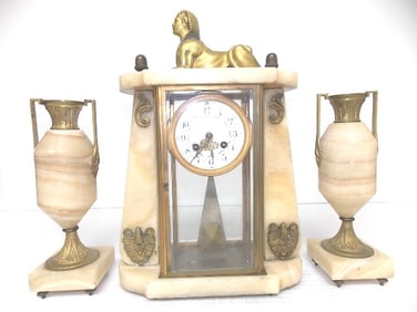 Antique Japy Freres Sphinx Mantel Clock w/ Garnitures