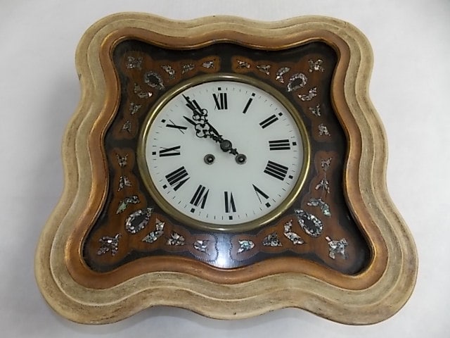 ANTIQUE FRENCH NAPOLEON III PICTURE FRAME WALL CLOCK: A LOVELY FRENCH NAPOLEON III ANTIQUE PICTURE FRAME WALL CLOCK THAT IS DECORATED WITH MOTHER OF PEARL. THE CLOCK MEASURES 18 3/4" BY 18 3/4" BY 5 3/4". CONDITION LOOKS GOOD FOR IT S AGE BUT THE CASE DO