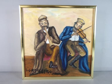 Vintage Artist Signed L. Grossberg Framed Oil Painting "Flutist & Fiddler"