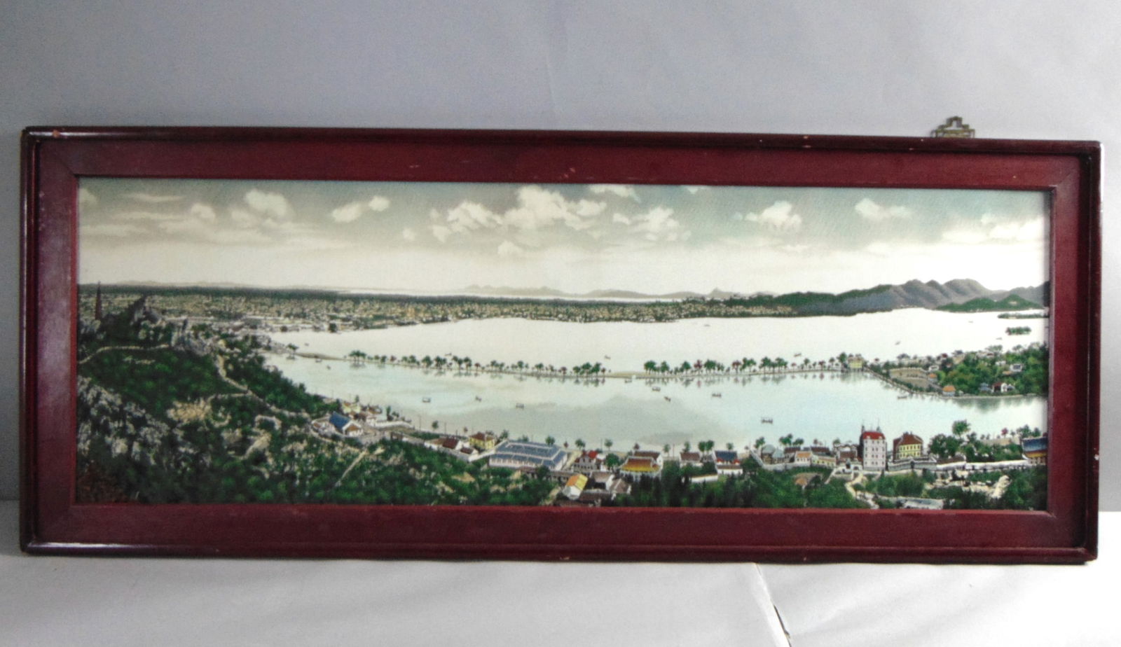 Vintage Estate Framed Linen Chinese Landscape Art Print: FOR SALE IS THIS VINTAGE ESTATE FRAMED LINEN CHINESE LANDSCAPE ART PRINT. THE FRAME MEASURES 53 3/4" BY 21". FRAME HAS BLEMISHES ALL AROUND AND SOME CHIPS AS SEEN IN THE PICTURES, WOULD BE BUYING AS I