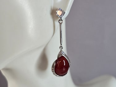 Womens Vintage Estate Sterling Silver Carnelian CZ Earrings