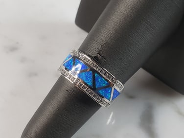 Womens Estate Sterling Silver Modernist Blue Opal & CZ Ring
