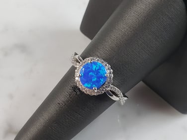 Womens Estate Sterling Silver Modernist Blue Opal & CZ Ring