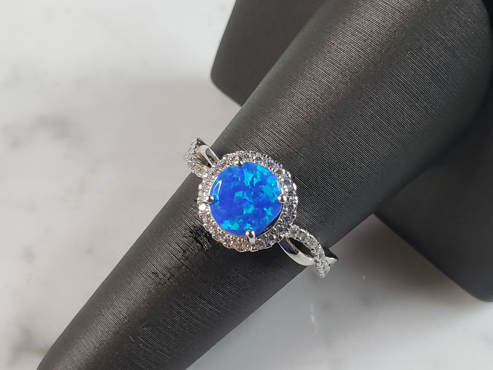 Womens Estate Sterling Silver Modernist Blue Opal & CZ Ring (1 of 6)
