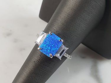Womens Estate Sterling Silver Modernist Blue Opal & CZ Ring