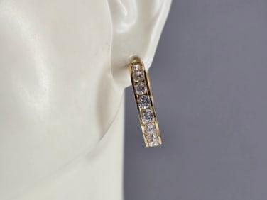 Womens Vintage Estate 14K Yellow Gold CZ Hoop Earrings