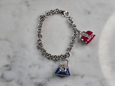 Womens Vintage Sterling Silver Charm Purse Bracelet