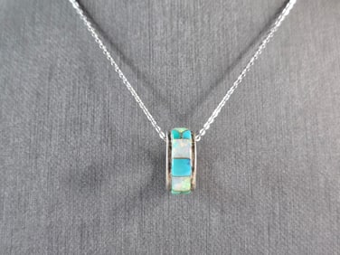 Womens Vintage Estate Sterling Silver Opal Turquoise Charm Necklace