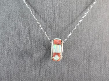 Womens Vintage Estate Sterling Silver Opal Coral Charm Necklace