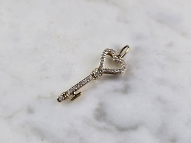Womens Vintage Estate 10K Gold Diamond Key Heart Pendant