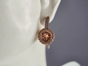 Pr of Womens Vintage Estate 14K Rose Gold Quartz & CZ Earrings