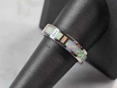 Womens Sterling Silver Modernist Opal Band Ring