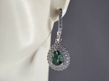 Womens Vintage Estate Sterling Silver Dangle CZ Earrings