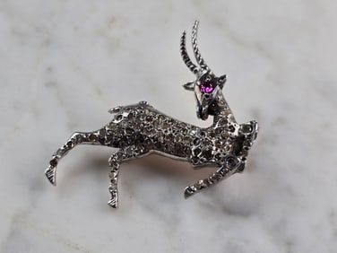 Women Vintage Estate 14k White Gold Diamond Stag Brooch