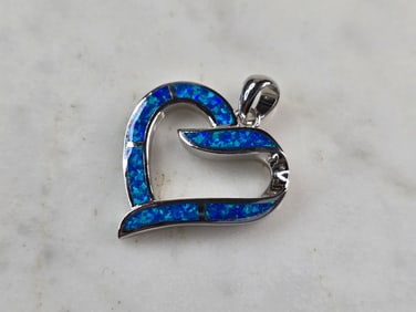Womens Sterling Silver Blue Opal Heart Pendant