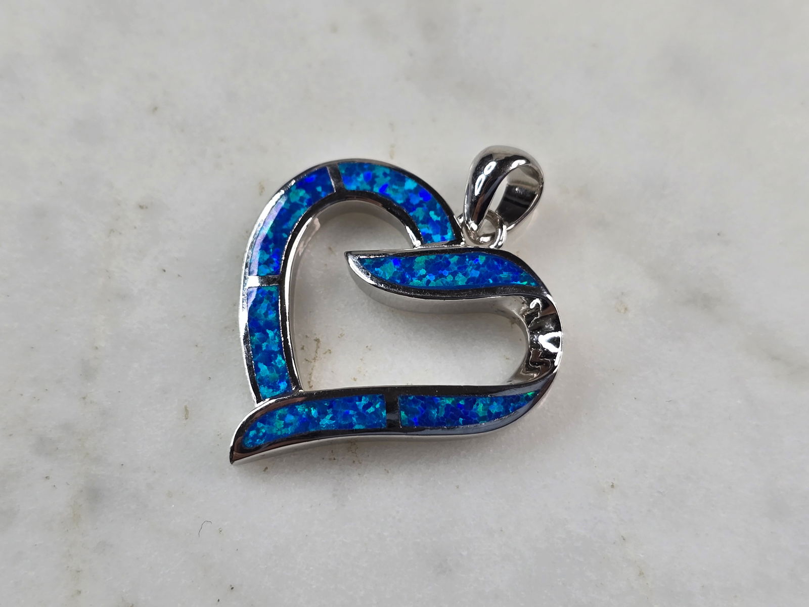 Womens Sterling Silver Blue Opal Heart Pendant (1 of 3)