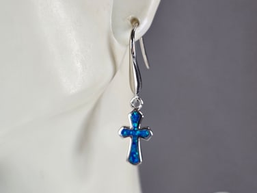 Womens Estate Sterling Silver Blue Opal Religious Cross Earrings