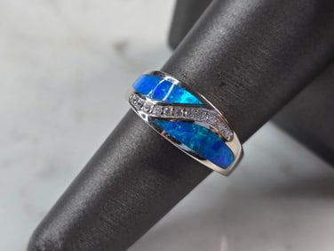 Womens Sterling Silver Modernist Blue Opal Ring