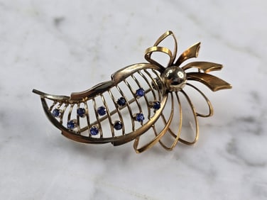 Womens Vintage Estate 18K Gold Sapphire Brooch