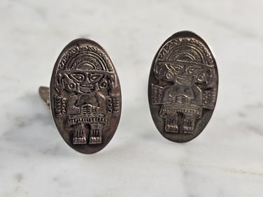 Mens Vintage Estate Sterling Silver Inca Cufflinks