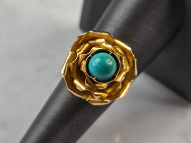 Womens Vintage Estate 18K Gold Flower Turquoise Ring