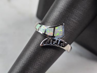 Womens Sterling Silver Modernist Greek Key Opal Ring