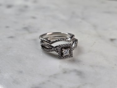 Womens Vintage Estate 14K White Gold Diamond Engagement Ring Set