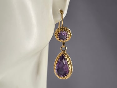Pr Womens Vintage Estate 14K Gold Amethyst Earrings