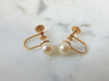 Pr Womens Vintage Estate 14K Yellow Gold Pearl Earrings