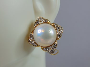 Womens Vintage Estate 14K Gold Diamond Pearl Earrings