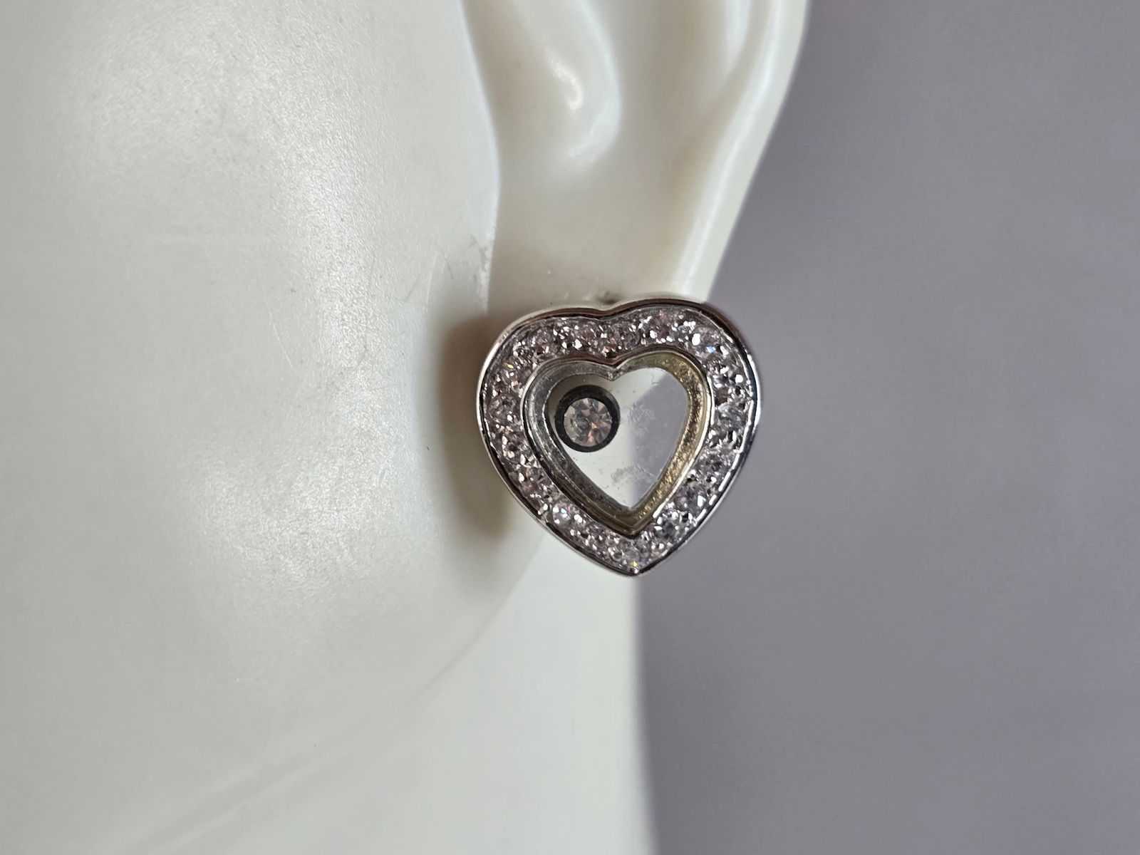 Womens Vintage Estate Sterling Silver CZ Heart Earrings (1 of 4)