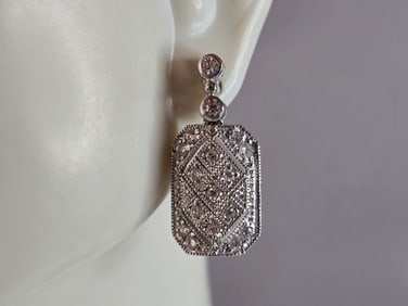 Womens Vintage Estate Sterling Silver Modernist CZ Earrings