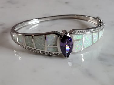 Womens Sterling Silver Modernist Opal Bangle Bracelet