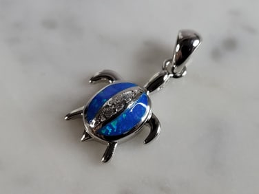 Womens Sterling Silver Blue Opal Sea Turtle Pendant